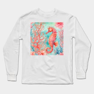 Seahorse and red corals watercolor painting Long Sleeve T-Shirt